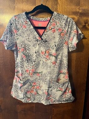 healing hands Gray Floral V-Neck Scrub Top with Pink Accents